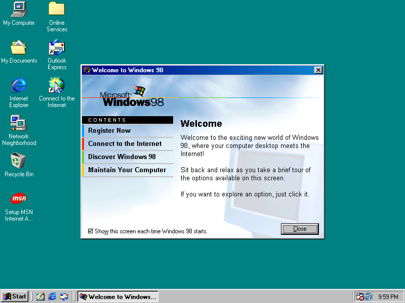 Windows 98 Desktop with Welcome Dialog (1998)